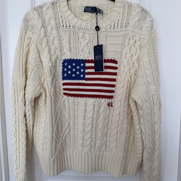 Ralph Lauren Ivory Cable Aran  Knit Sweater with American Flag - Picture 7 of 8